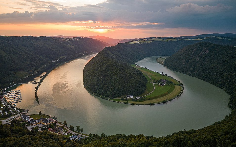 Die Donauschlinge Schlögen erstrahlt im warmen Rot der tiefstehenden Abendsonne. Das markante Band der Donau reflektiert das glühende Licht des Himmels, während die steilen, bewaldeten Hänge der Schlucht in satte, dunkle Silhouetten gegen den Horizont tauchen.